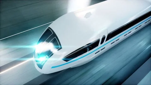 Futuristic modern train, monorail fast driving in sci fi tunnel, coridor. Stock-Footage 79982982