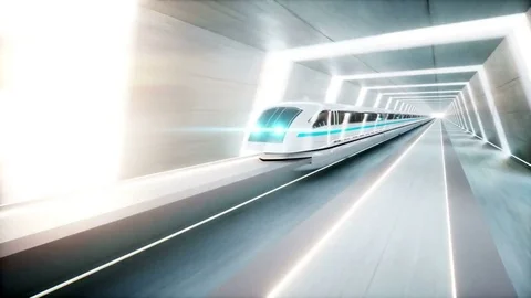 Futuristic modern train, monorail fast driving in sci fi tunnel, coridor. Stock Footage 80006601