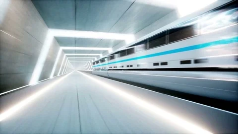 Futuristic modern train, monorail fast driving in sci fi tunnel, coridor. Stockbeeldmateriaal 80009471
