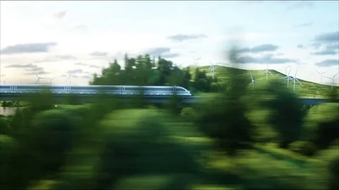 Futuristic, modern train passing on mono rail. Ecological future concept. Stock Footage 73022958