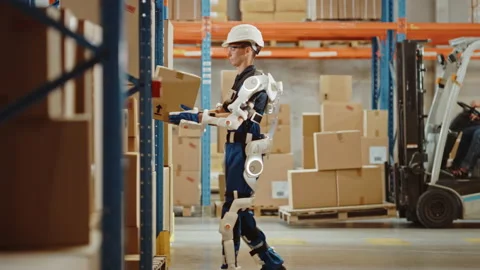 Futuristic Modern Warehouse Worker with Exoskeleton Suit Moves Stock Footage 141576582