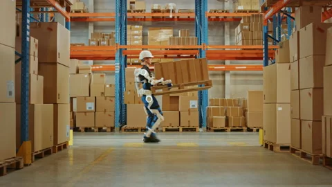 Futuristic Modern Warehouse Worker with Exoskeleton Suit Moves Stock Footage 141576797