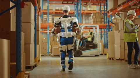 Futuristic Modern Warehouse Worker with Exoskeleton Suit Moves Stock Footage 141576900