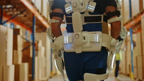 Futuristic Modern Warehouse Worker with Exoskeleton Suit Moves Stock Footage 141577341