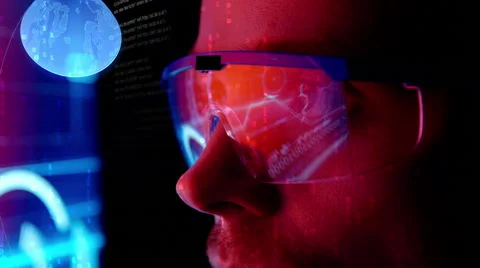 Futuristic monitor near face with code and information hologram. Future concept  Stock Footage