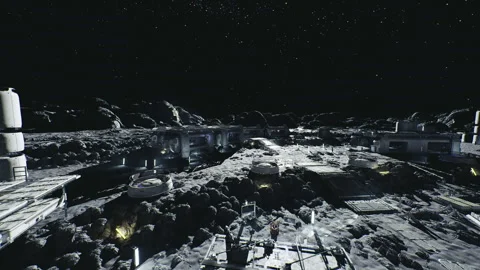 Futuristic moon habitat with starry sky and space activity visible Stock Footage 329941055