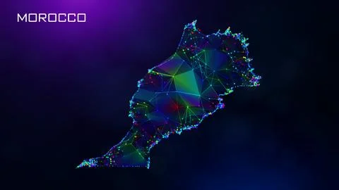 Futuristic Morocco Map Blue Purple Connected Lines And Dots Network Wireframe  Stockillustratie