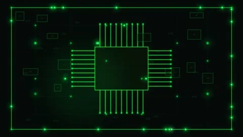Futuristic Motion of Digital Circuitry with Glowing Green Microchip Technolog Stock Footage 342745480