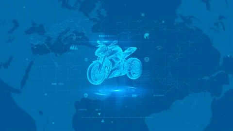 Futuristic Motorcycle Digital World Map Overlay in Blue Color Tone Stock Illustration