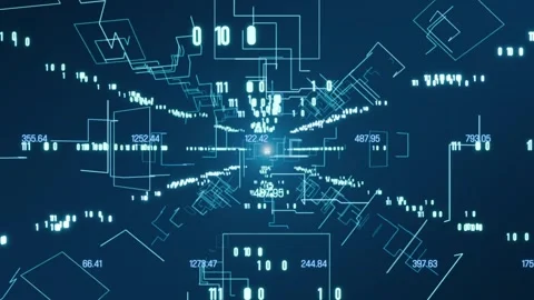 Futuristic moving shapes and wire frames, data, binary code and bits. Vídeo Stock 313082729