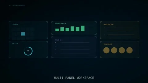 Futuristic Multi panel Digital Workspace Assembling and Syncing Displaying .. 動画素材 347361545
