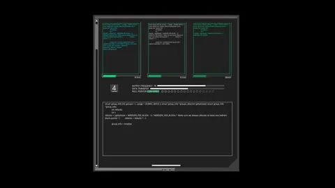 Futuristic Multi Panel Source Code Interface With Runtime Progress Stock Footage 341356035