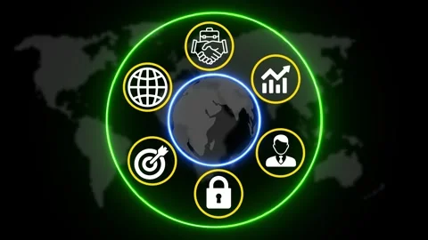 Futuristic Multicolor Cyber Security HUD Interface Global Business Icons Loop Stock Footage 340231427