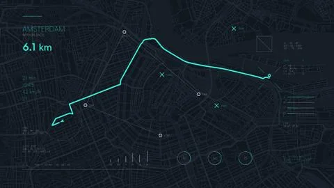 Futuristic navigate mapping technology dashboard GPS tracking map city Amsterdam Stock Illustration