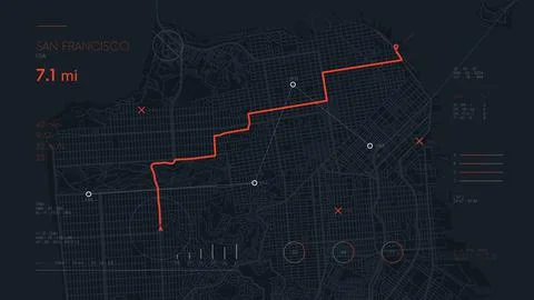 Futuristic navigate mapping technology dashboard GPS tracking map, showing mo Illustrazione stock