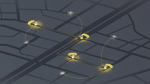 Futuristic navigation route with time indicators and glowing location pins on Stock Illustration