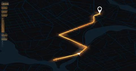 Futuristic navigation UI featuring zigzag orange itinerary, distance metrics Stock Illustration