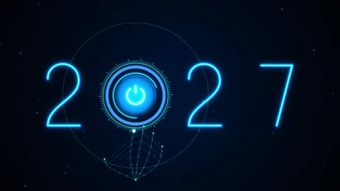 Futuristic neon 2027 year display with glowing power button on dark tech ba.. Stock Footage 344685100