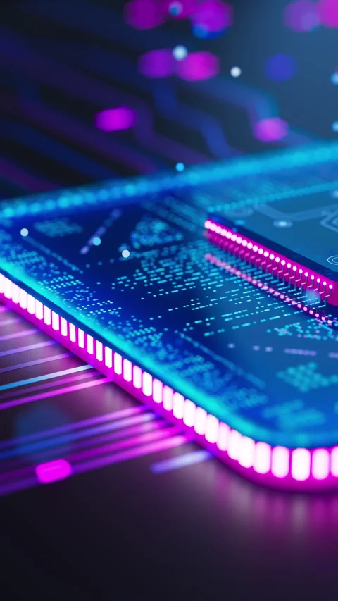 Futuristic neon AI microchip and glowing circuit board Stock Footage 338984826
