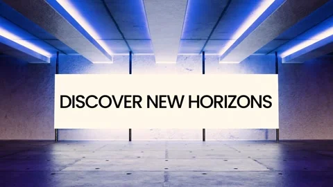Futuristic neon animation with glowing screen text “Discover New Horizons” Stock Footage 312544038
