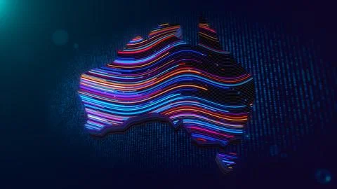 Futuristic Neon Australia Map with Flowing Wavy Digital Lines Background Stock Illustration