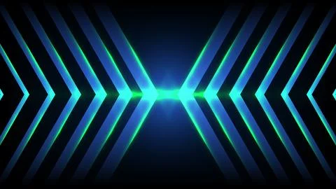 Futuristic neon background with glowing blue and green geometric chevrons p.. Stock Illustration