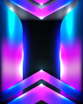 Futuristic neon background with glowing pink and blue chevron arrows framin.. Stock Illustration
