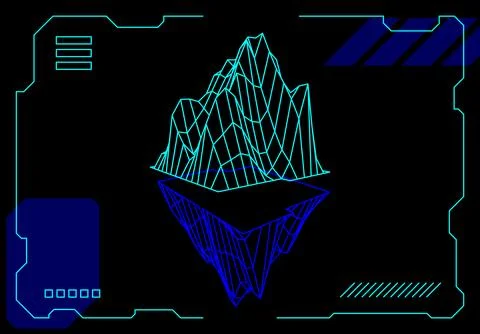 Futuristic neon blue 3D wireframe mountain with geometric lines in digital user Stock Illustration