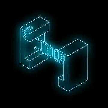 Futuristic neon blue blockchain technology connecting two blocks securely, re イラスト素材