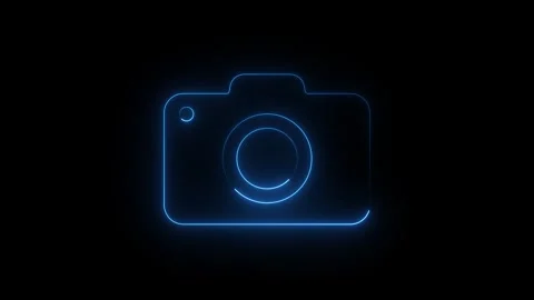 Futuristic neon blue camera stroke animation with glowing outline on dark b.. Vídeos de archivo 336657765