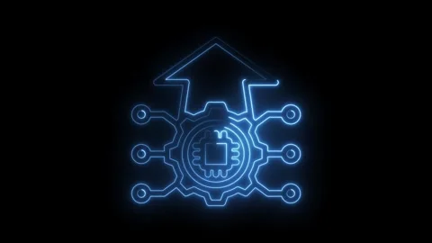 Futuristic neon blue circuit board chip with upward arrow and gear symboliz.. Stock Footage 346009363