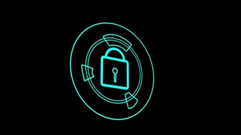Futuristic Neon Blue Digital Lock Icon with Rotating Elements on animation .. Stock Footage 321586390