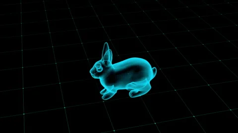 Futuristic Neon Blue Wireframe Rabbit on Grid Surface in Virtual Reality Desi 库存影片 344032514