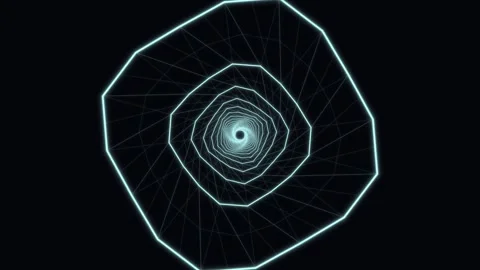 Futuristic neon blue wireframe tunnel spiraling into darkness Video stock 336342176