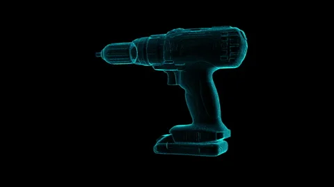 Futuristic Neon Blueprint of a Power Drill in Detailed Wireframe Design 库存影片 334584169