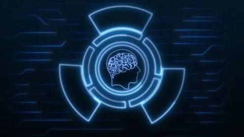 Futuristic neon brain icon with circuit board. Tech futuristic neon brain i.. Stock Footage 338348191