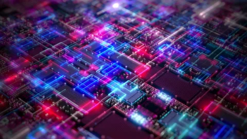 Futuristic neon circuit board technology, Close-up of circuit board Stock Footage 277557756