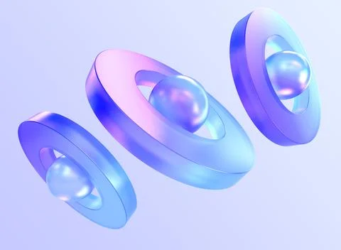 Futuristic neon composition with spheres and rings 3d render. Iridescent Illustrazione stock