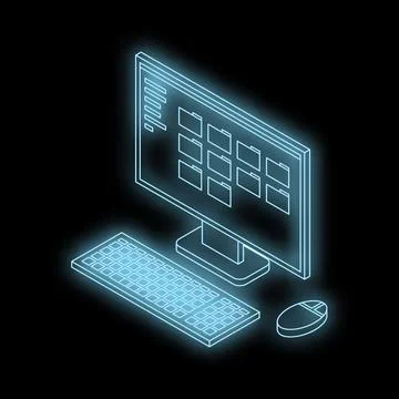 Futuristic neon computer displaying files and folders with keyboard and mouse 스톡 일러스트