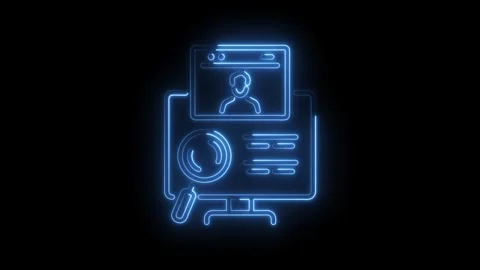 Futuristic neon computer with magnifying glass icon animation on black back.. Stock Footage 345989815