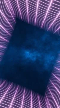 Futuristic neon corridor with glowing pink grid walls and deep blue foggy v.. Stockillustratie