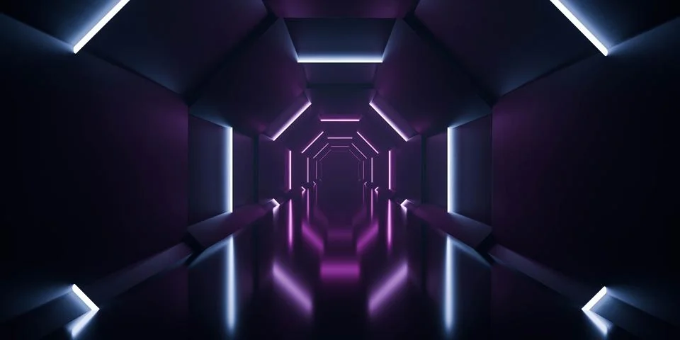 Futuristic Neon Corridor with Reflective Surfaces Stock Illustration