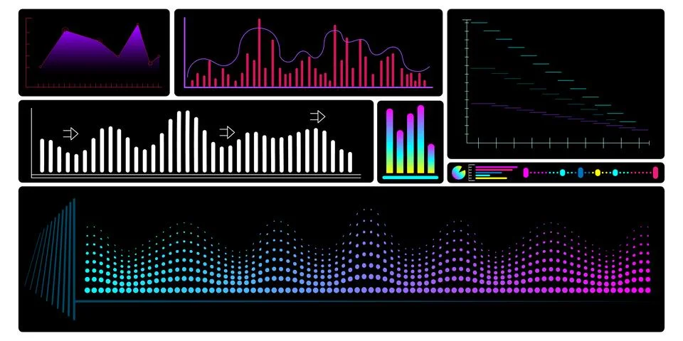 Futuristic neon data visualization dashboard UI infographic elements set, vector Stock Illustration