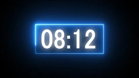 Futuristic neon digital countdown timer with blue glow on black background Stock Footage 334807889
