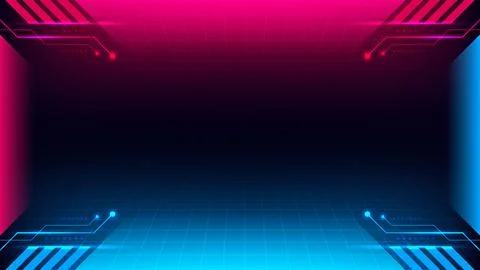 Futuristic neon digital grid background with pink and blue glowing circuit .. 스톡 일러스트