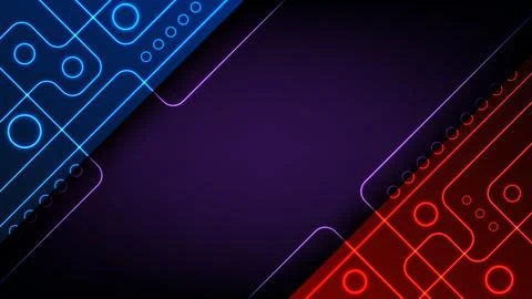 Futuristic neon geometric background with glowing blue and red circuit line.. Stockillustratie