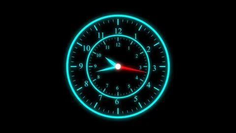 Futuristic neon glowing clock with dual faces and cyan blue light on black .. 스톡 일러스트