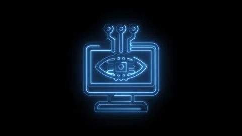 Futuristic neon glowing digital eye icon on computer screen representing Stock Footage 333953044