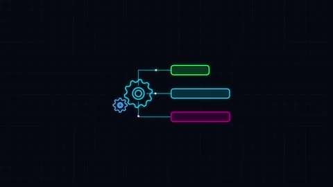 Futuristic Neon Glowing Gear Icons with Animated Callout Titles and Workflo.. Stock Footage 342019953