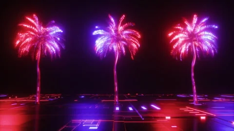 Futuristic Neon Glowing Palm Trees Loop Stock Footage 247357204